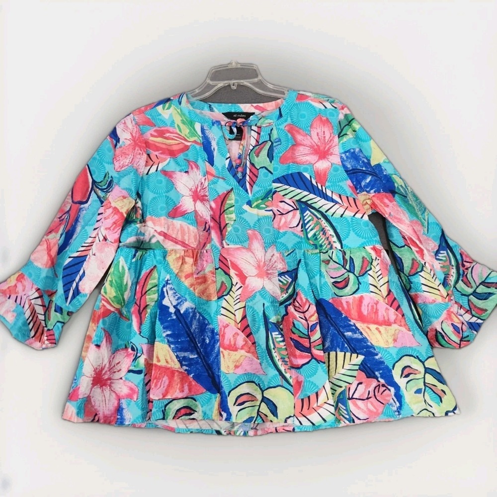 NWT Ali Miles Women's MP Tropical Leaf Print 3/4 Sleeve Blouse Multicolor Resort